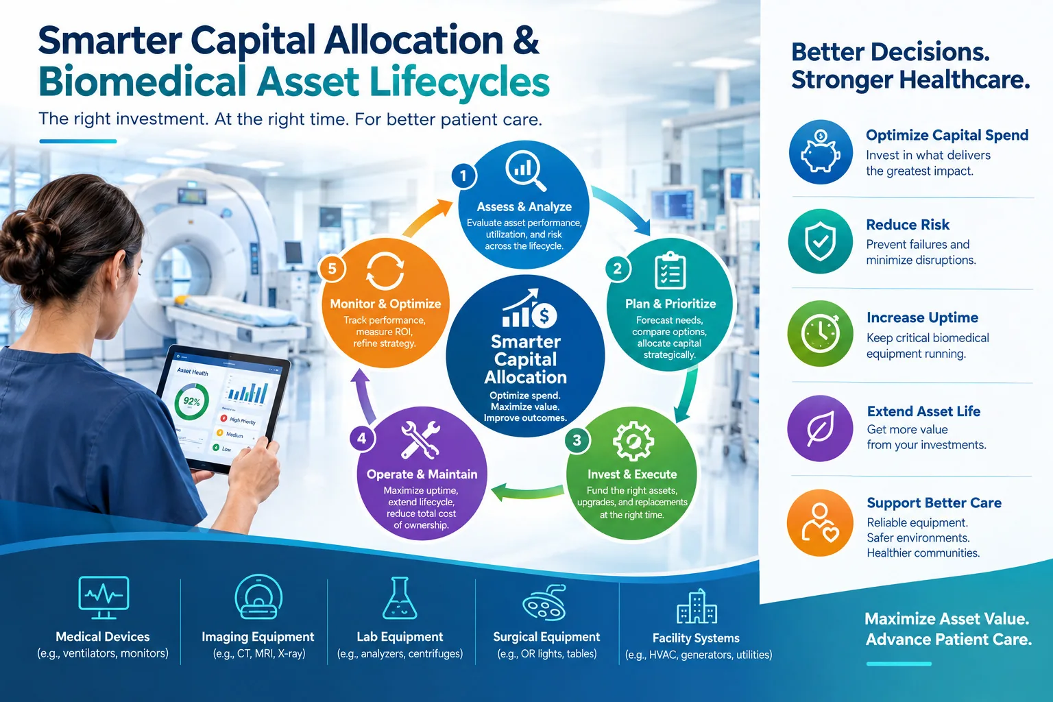 Hospital operations team evaluating biomedical lifecycle analytics and asset depreciation data charts