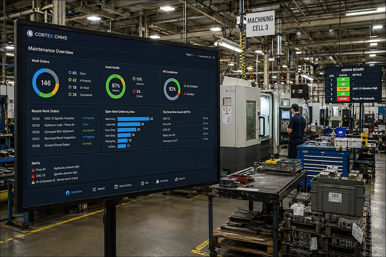 Female maintenance engineer inspecting heavy manufacturing facility equipment using a mobile CMMS application layout