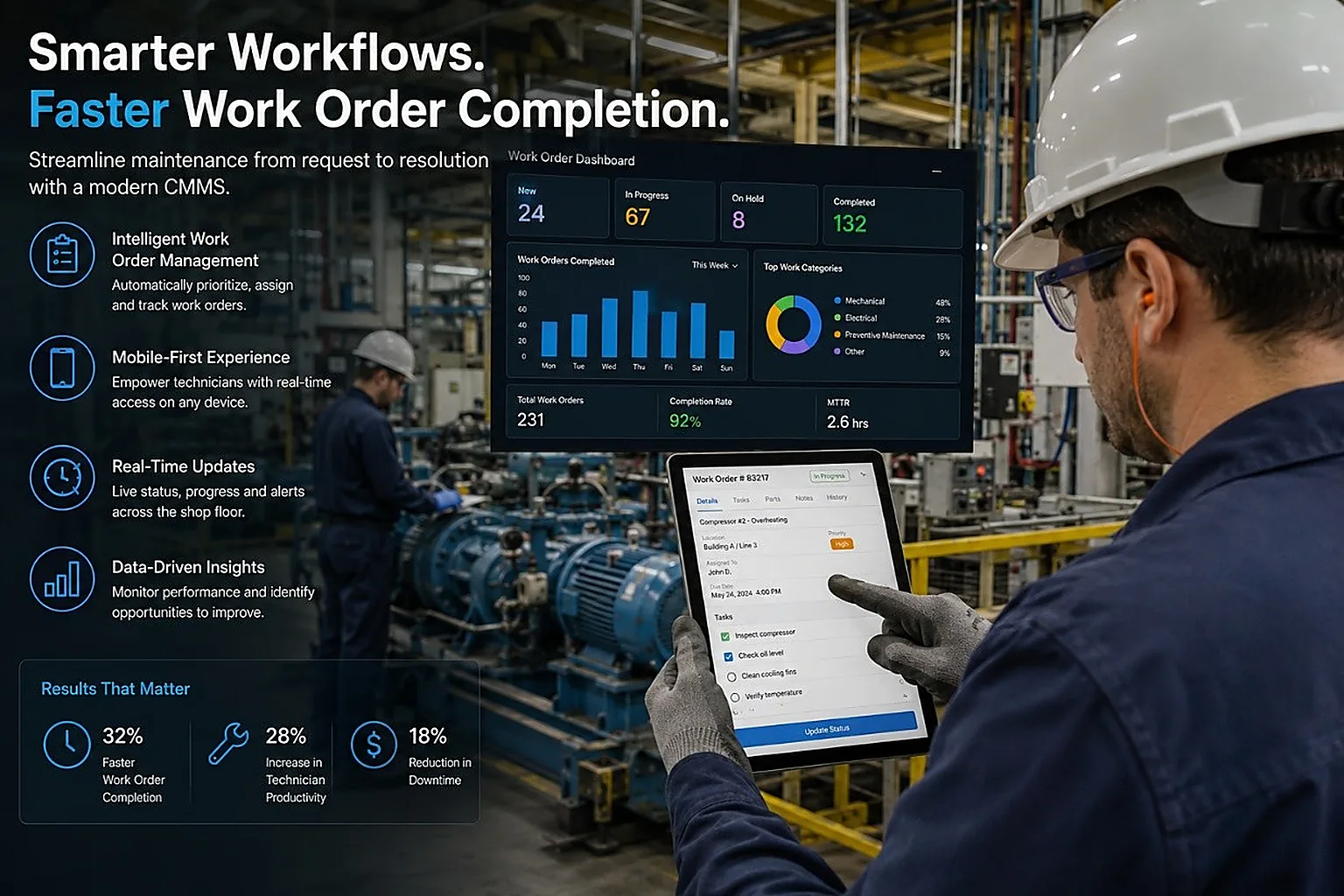 Manufacturing technician using a tablet and CMMS dashboard to manage preventive maintenance work orders on the shop floor