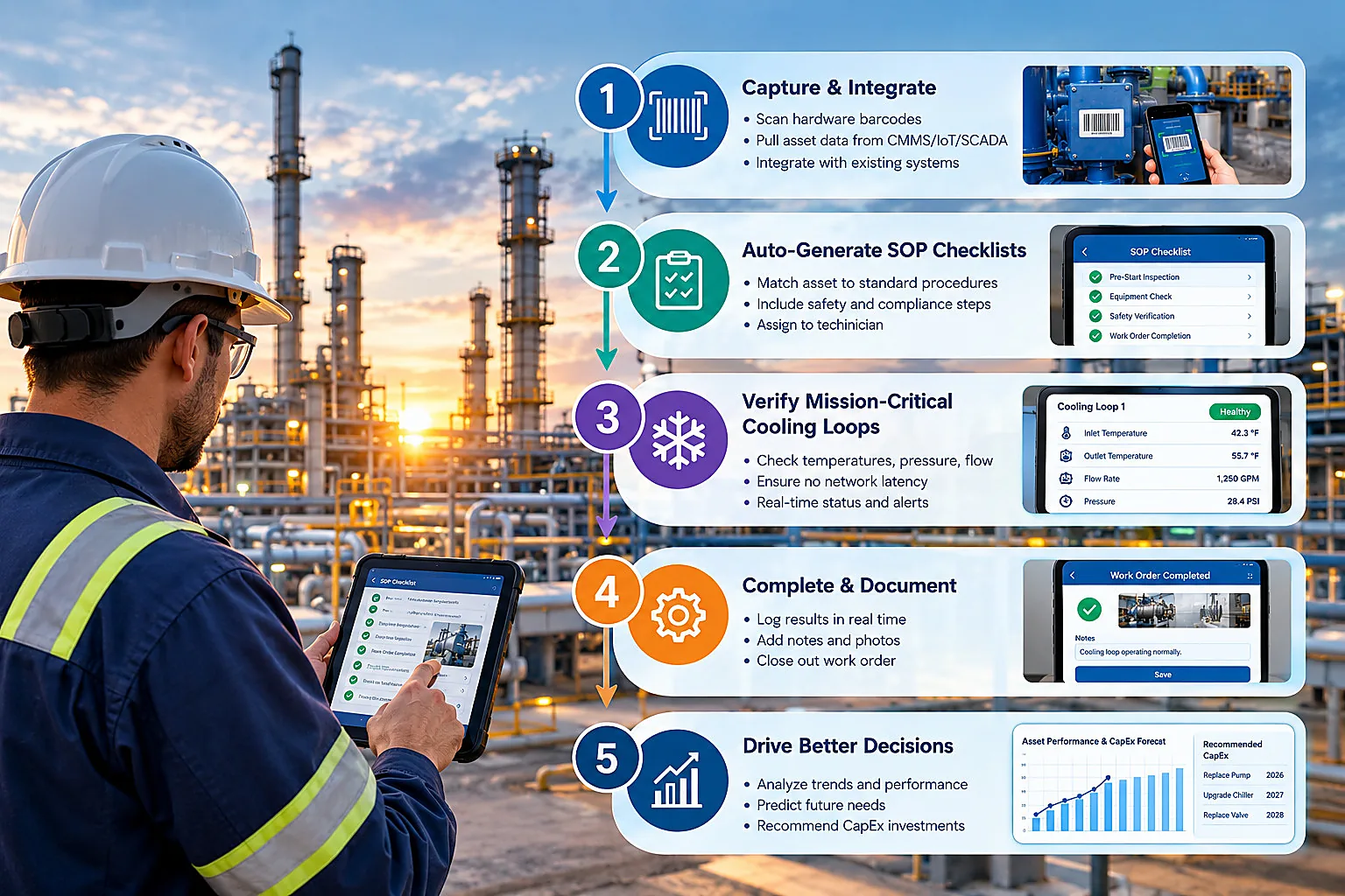 Oil and gas maintenance software workflow: a refinery engineer uses a tablet to scan assets, run SOP checklists, complete work orders and plan CapEx