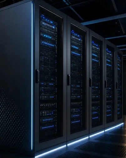 Data center asset management dashboard displaying server rack cooling metrics and predictive uptime scheduling