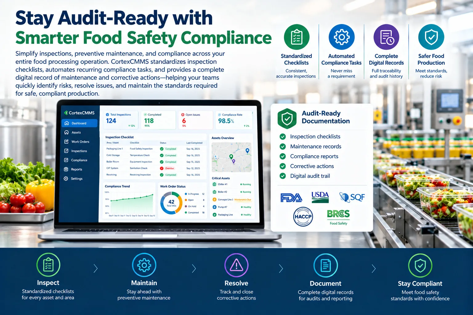 Food safety and quality manager validating sanitation, environmental safety checklists, and compliance audit records on a computer display