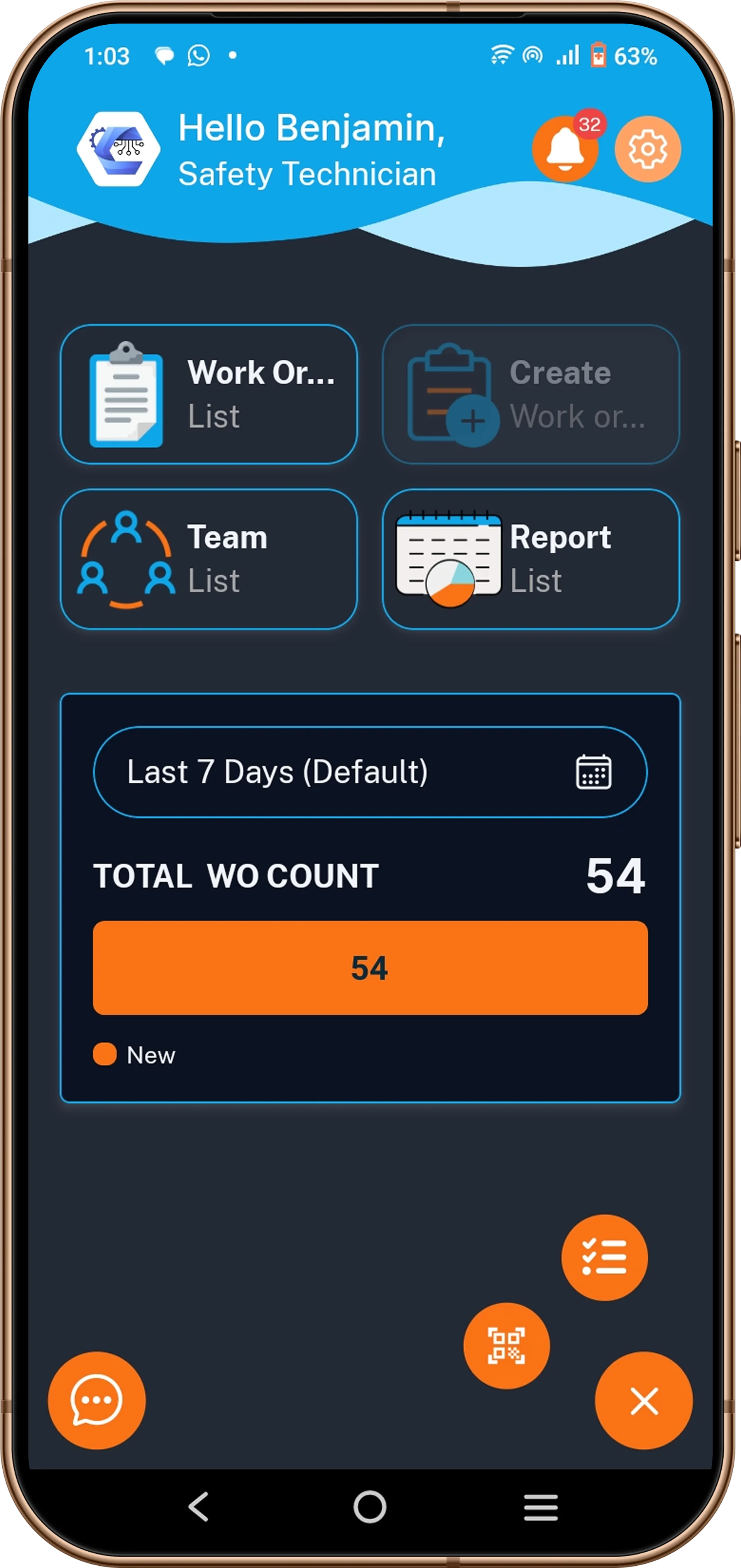 CortexCMMS mobile CMMS app home screen with work order list, team, reports and total work order count