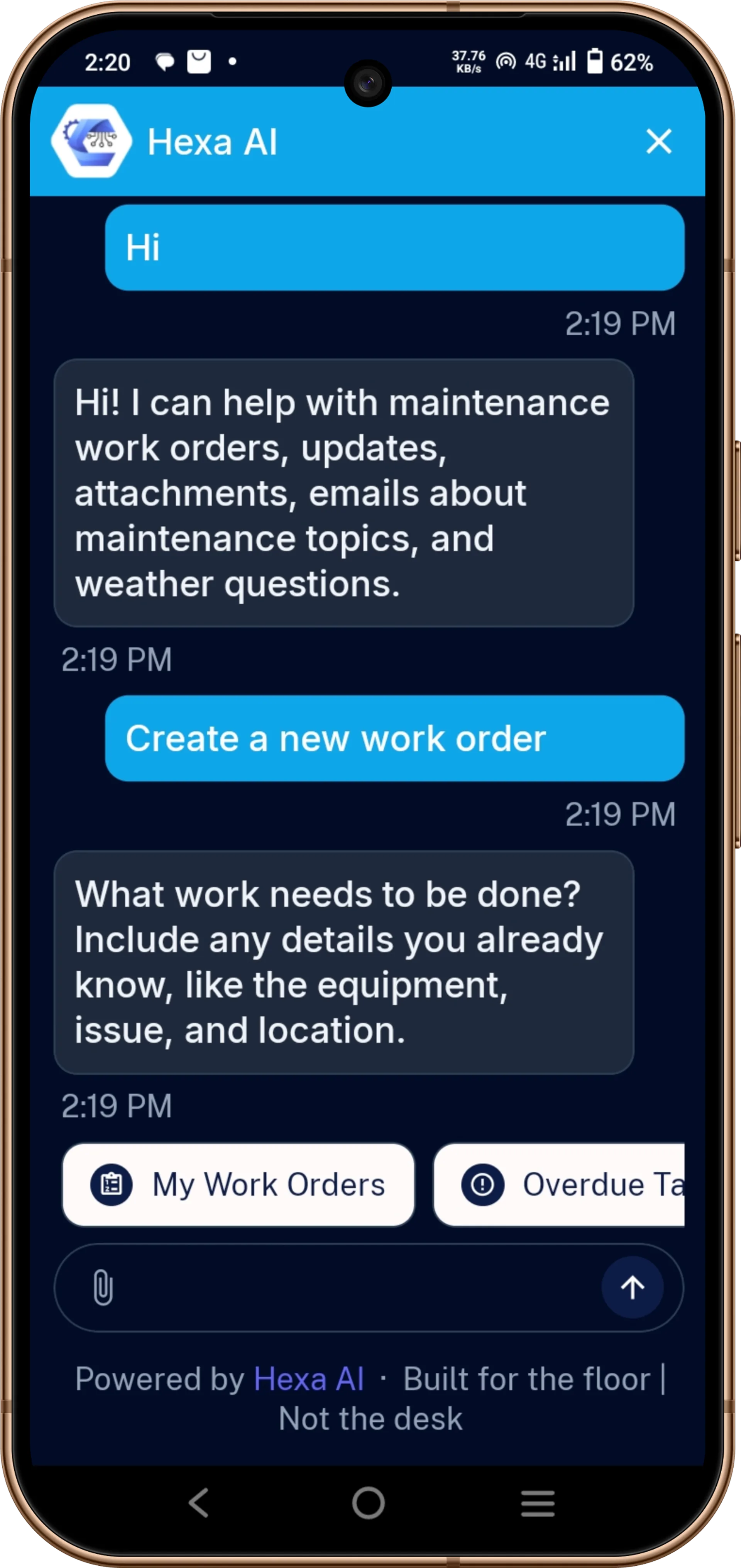 Hexa AI agent chat in the CortexCMMS mobile app creating a new maintenance work order