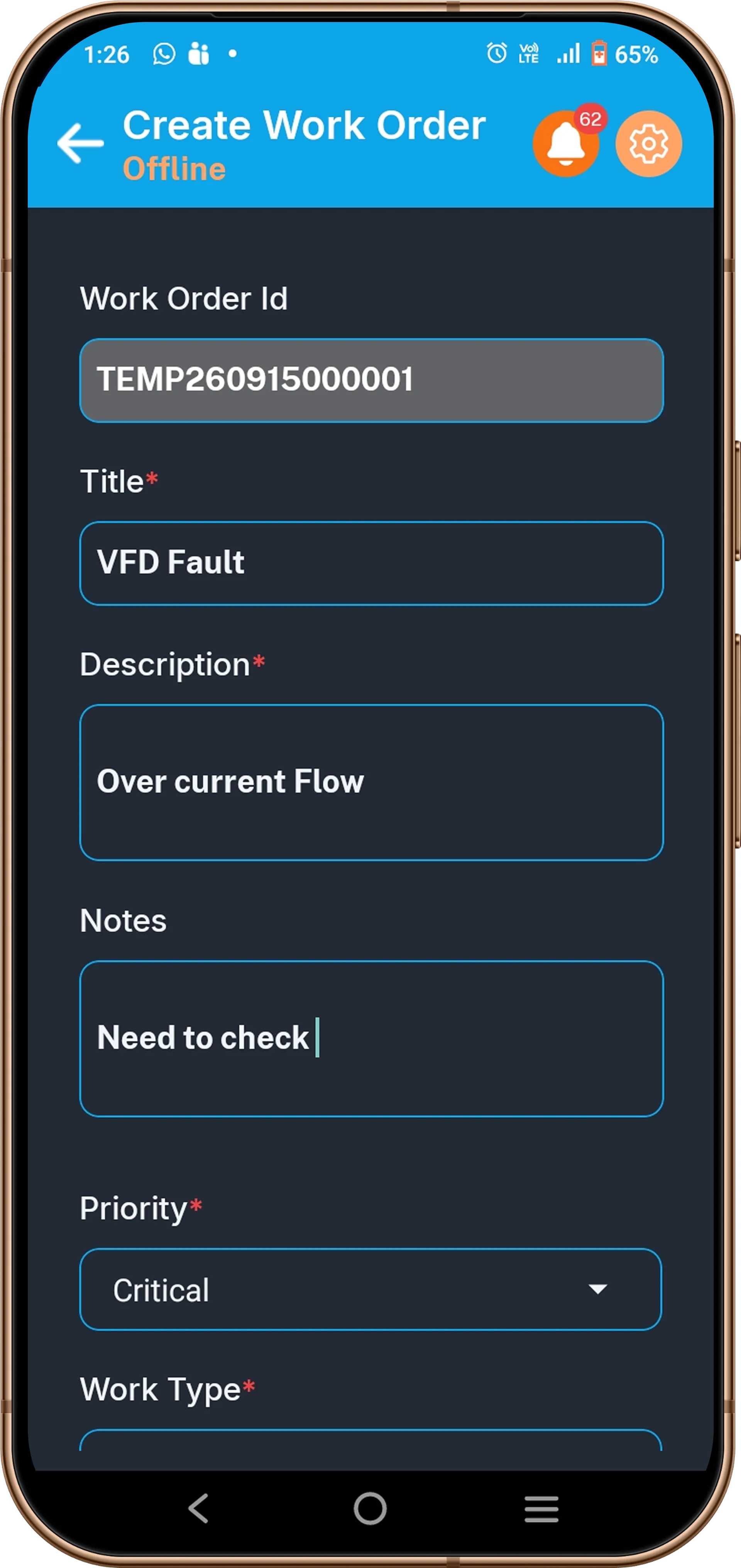 Offline mobile CMMS application interface tracking automated work orders on a smartphone layout