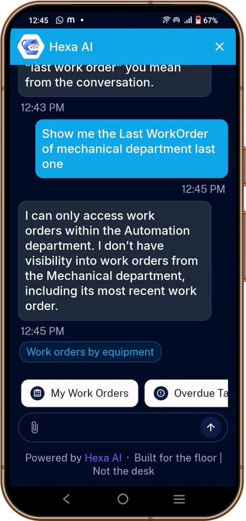 Cortex mobile work order screen showing attachments, parts used, and department approvals